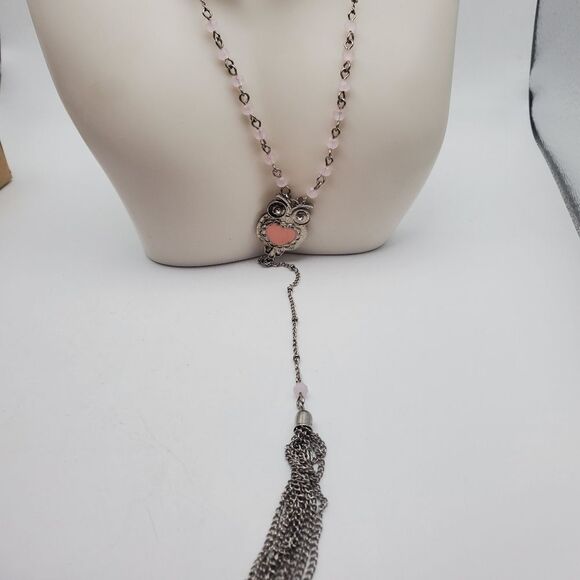 Owl pink posies beaded‎ dangle tassel necklace - Picture 1 of 3